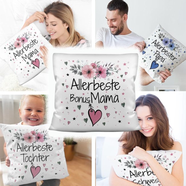 Geschenk-Set aus Tasse und Kissen mit Blumenmotiv - Allerbeste Bonus Mama - Kissen wei&szlig; - Tasse dunkelgr&uuml;n