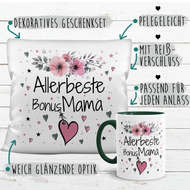 Geschenk-Set aus Tasse und Kissen mit Blumenmotiv - Allerbeste Bonus Mama - Kissen wei&szlig; - Tasse dunkelgr&uuml;n