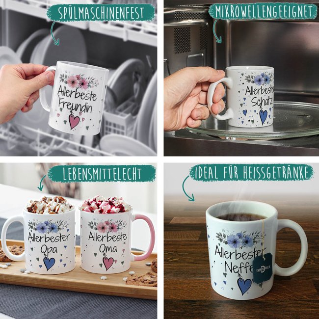 Geschenk-Set aus Tasse und Kissen mit Blumenmotiv - Allerbeste Bonus Mama - Kissen wei&szlig; - Tasse dunkelgr&uuml;n