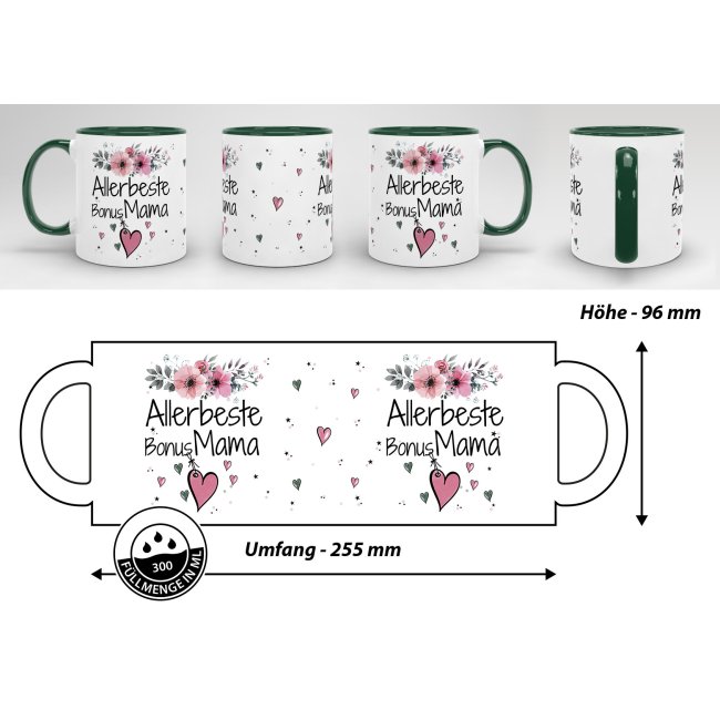 Geschenk-Set aus Tasse und Kissen mit Blumenmotiv - Allerbeste Bonus Mama - Kissen wei&szlig; - Tasse dunkelgr&uuml;n