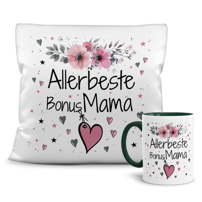 Geschenk-Set aus Tasse und Kissen mit Blumenmotiv - Allerbeste Bonus Mama - Kissen wei&szlig; - Tasse dunkelgr&uuml;n