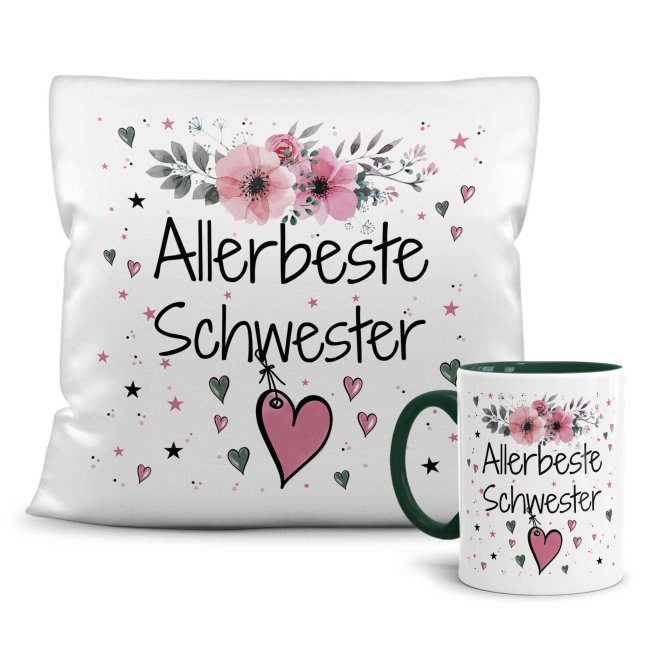 Geschenk-Set aus Tasse und Kissen mit Blumenmotiv - Allerbeste Schwester - Kissen wei&szlig; - Tasse dunkelgr&uuml;n