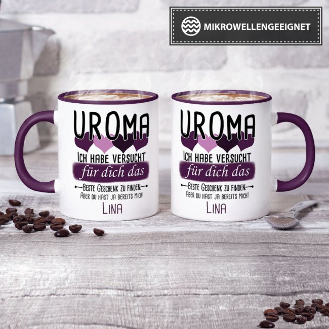 Tasse von WUNSCHNAME - F&uuml;r Uroma von einem Kind - Innen &amp; Henkel Violett