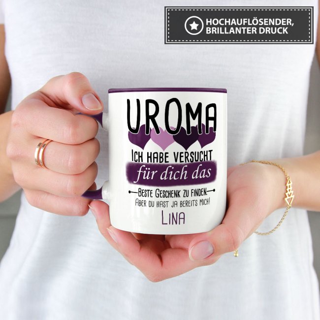 Tasse von WUNSCHNAME - F&uuml;r Uroma von einem Kind - Innen &amp; Henkel Violett