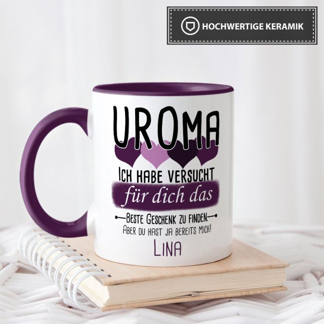 Tasse von WUNSCHNAME - F&uuml;r Uroma von einem Kind - Innen &amp; Henkel Violett