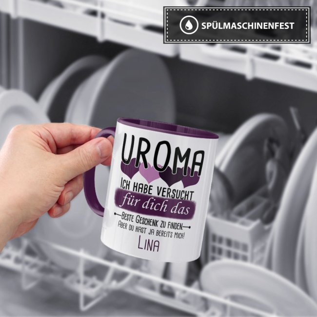 Tasse von WUNSCHNAME - F&uuml;r Uroma von einem Kind - Innen &amp; Henkel Violett