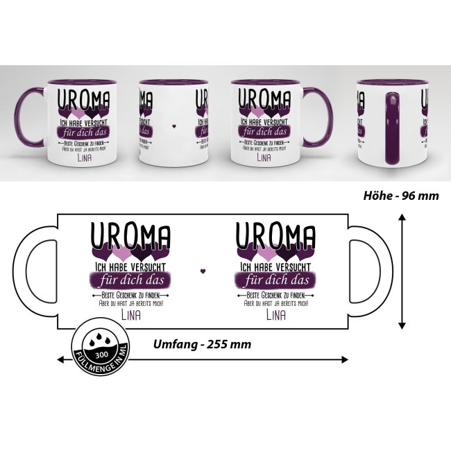 Tasse von WUNSCHNAME - F&uuml;r Uroma von einem Kind - Innen &amp; Henkel Violett