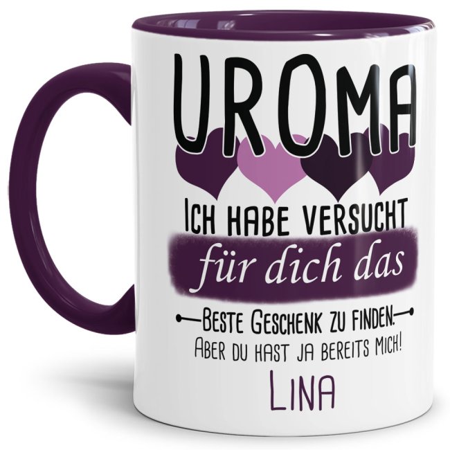 Tasse von WUNSCHNAME - F&uuml;r Uroma von einem Kind - Innen &amp; Henkel Violett