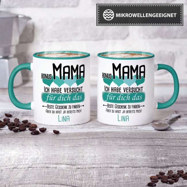 Tasse von WUNSCHNAME - F&uuml;r Bonus-Mama von einem Kind - Innen &amp; Henkel T&uuml;rkis