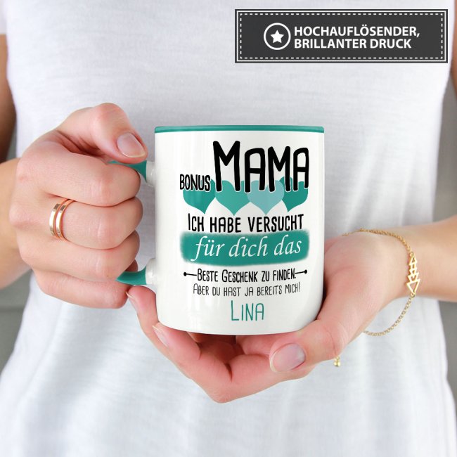 Tasse von WUNSCHNAME - F&uuml;r Bonus-Mama von einem Kind - Innen &amp; Henkel T&uuml;rkis