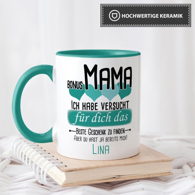 Tasse von WUNSCHNAME - F&uuml;r Bonus-Mama von einem Kind - Innen &amp; Henkel T&uuml;rkis