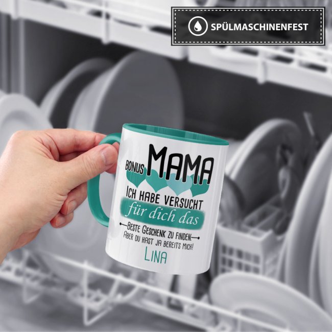 Tasse von WUNSCHNAME - F&uuml;r Bonus-Mama von einem Kind - Innen &amp; Henkel T&uuml;rkis