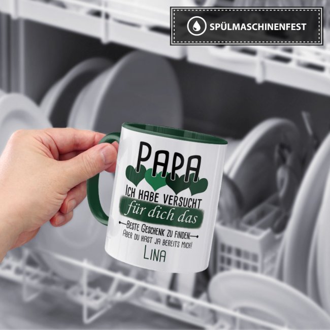 Tasse von WUNSCHNAME - F&uuml;r Papa von einem Kind - Innen &amp; Henkel Dunkelgr&uuml;n