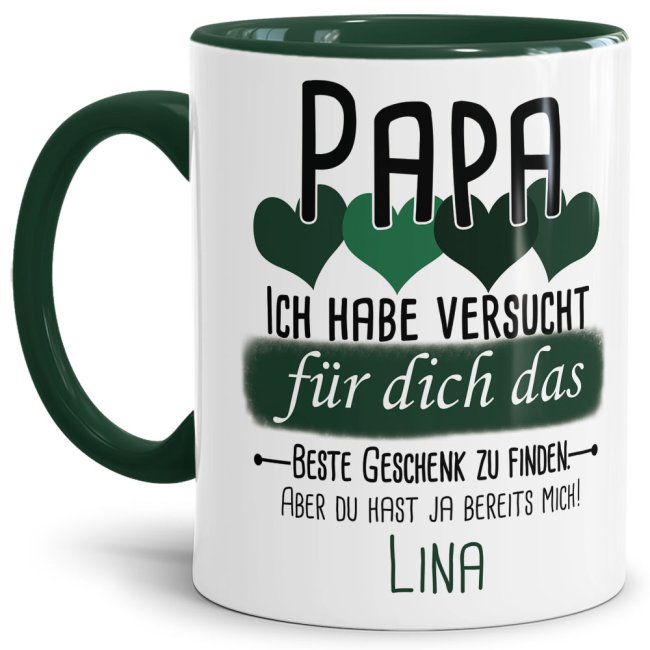 Tasse von WUNSCHNAME - F&uuml;r Papa von einem Kind - Innen &amp; Henkel Dunkelgr&uuml;n