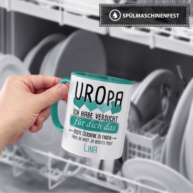 Tasse von WUNSCHNAME - F&uuml;r Uropa von einem Kind - Innen &amp; Henkel T&uuml;rkis