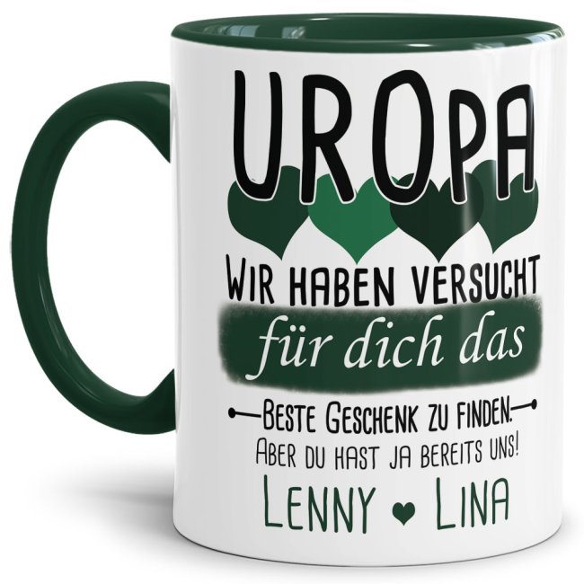 Tasse von WUNSCHNAMEN - F&uuml;r Uropa von mehr Kindern - Innen &amp; Henkel Dunkelgr&uuml;n