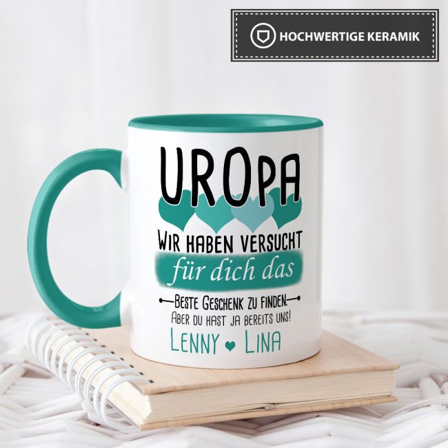 Tasse von WUNSCHNAMEN - F&uuml;r Uropa von mehr Kindern - Innen &amp; Henkel T&uuml;rkis