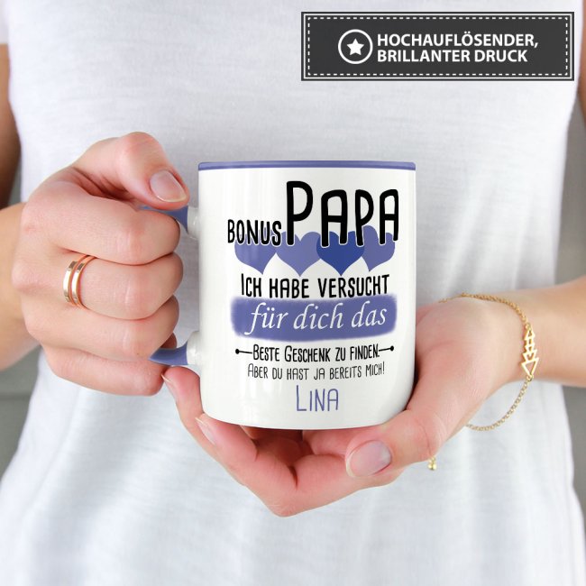 Tasse von WUNSCHNAME - F&uuml;r Bonus-Papa von einem Kind - Innen &amp; Henkel Cambridge Blau