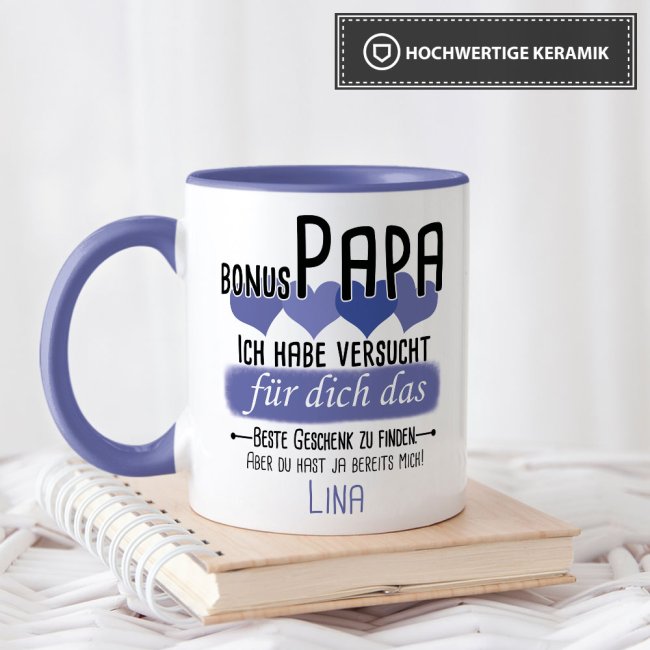 Tasse von WUNSCHNAME - F&uuml;r Bonus-Papa von einem Kind - Innen &amp; Henkel Cambridge Blau