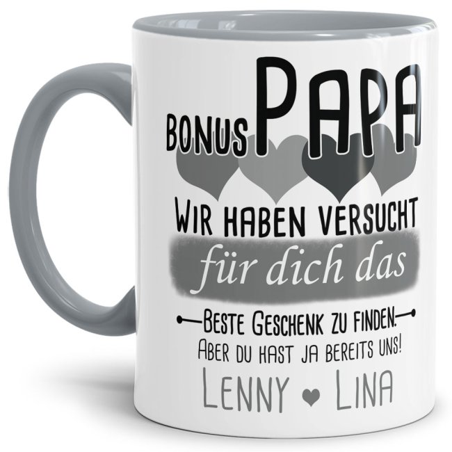 Tasse von WUNSCHNAMEN - F&uuml;r Bonus-Papa von mehr Kindern - Innen &amp; Henkel Grau