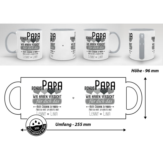 Tasse von WUNSCHNAMEN - F&uuml;r Bonus-Papa von mehr Kindern - Innen &amp; Henkel Grau