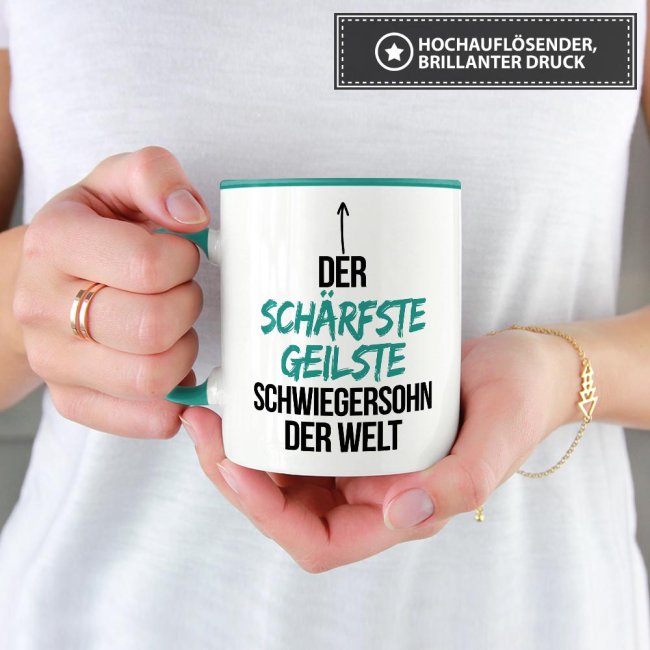 Tasse mit Spruch - Du bist der sch&auml;rfste, geilste Schwiegersohn der Welt - Innen &amp; Henkel T&uuml;rkis